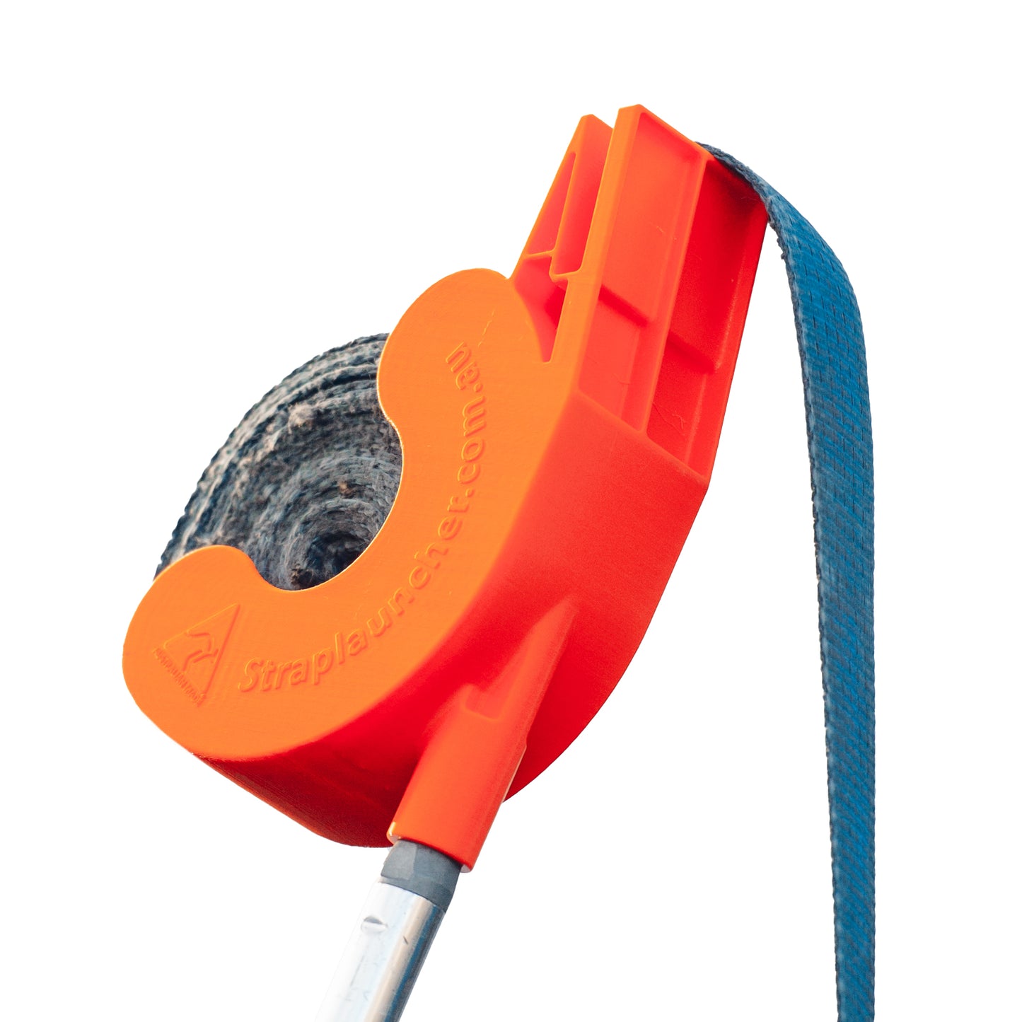 Orange strap launcher tool with 'Straplauncher.com.au' branding on a white background, screwed onto a pole, and with a blue tie-down strap loaded into it.