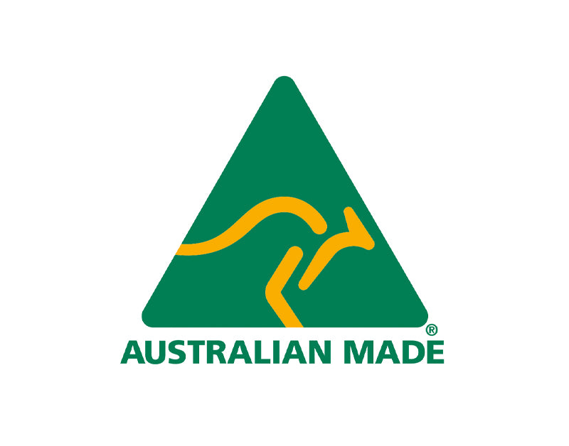 The Australian Made logo of gold kangaroo in green triangle on white background.