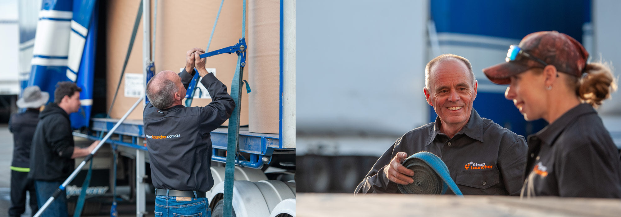 Two photos of Owen Burns securing tie-down straps on a truck bed.