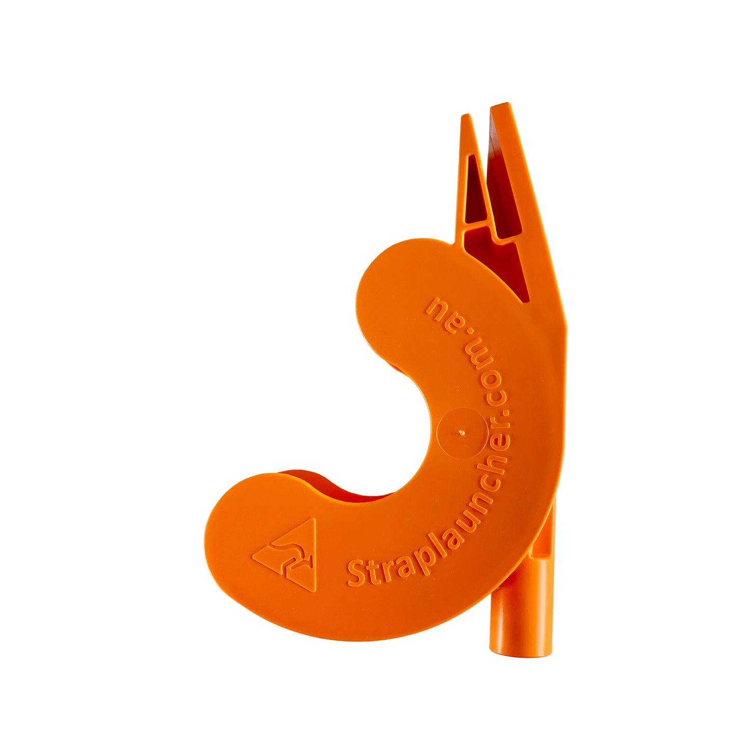 Side view of orange strap launcher tool with 'Straplauncher.com.au' branding on a white background
