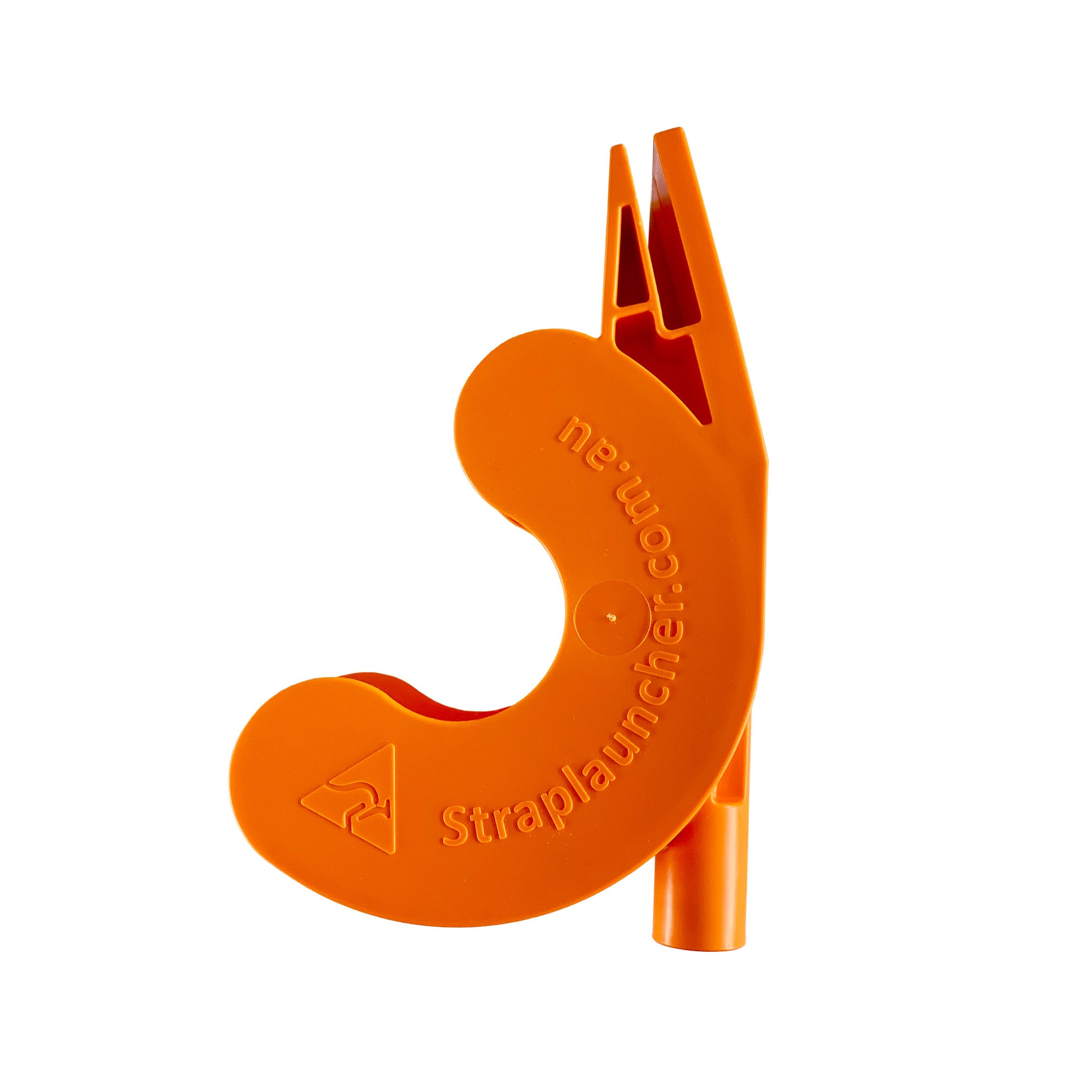 Orange strap launcher tool with 'Straplauncher.com.au' branding on a white background