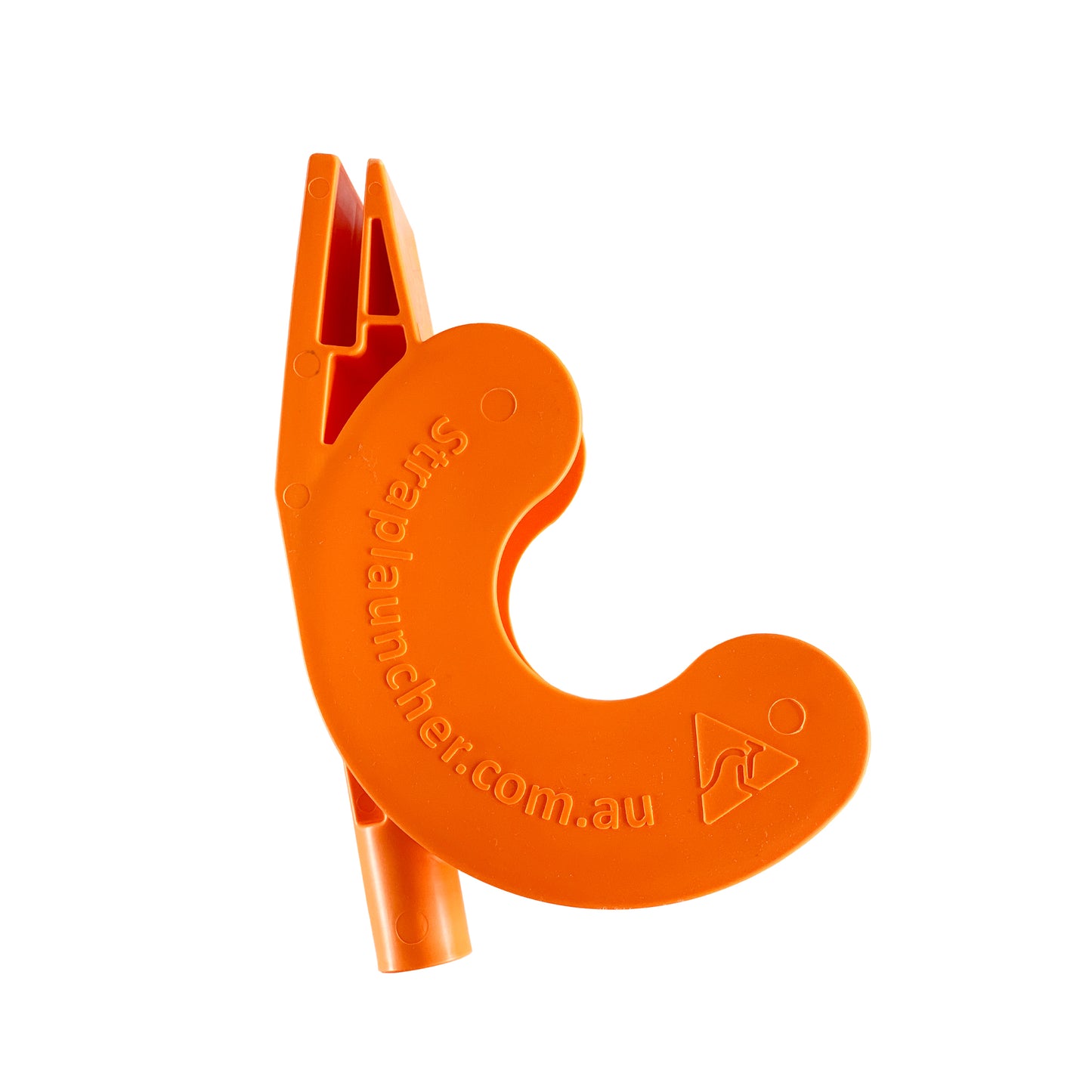 Side view of orange strap launcher tool with 'Straplauncher.com.au' branding on a white background