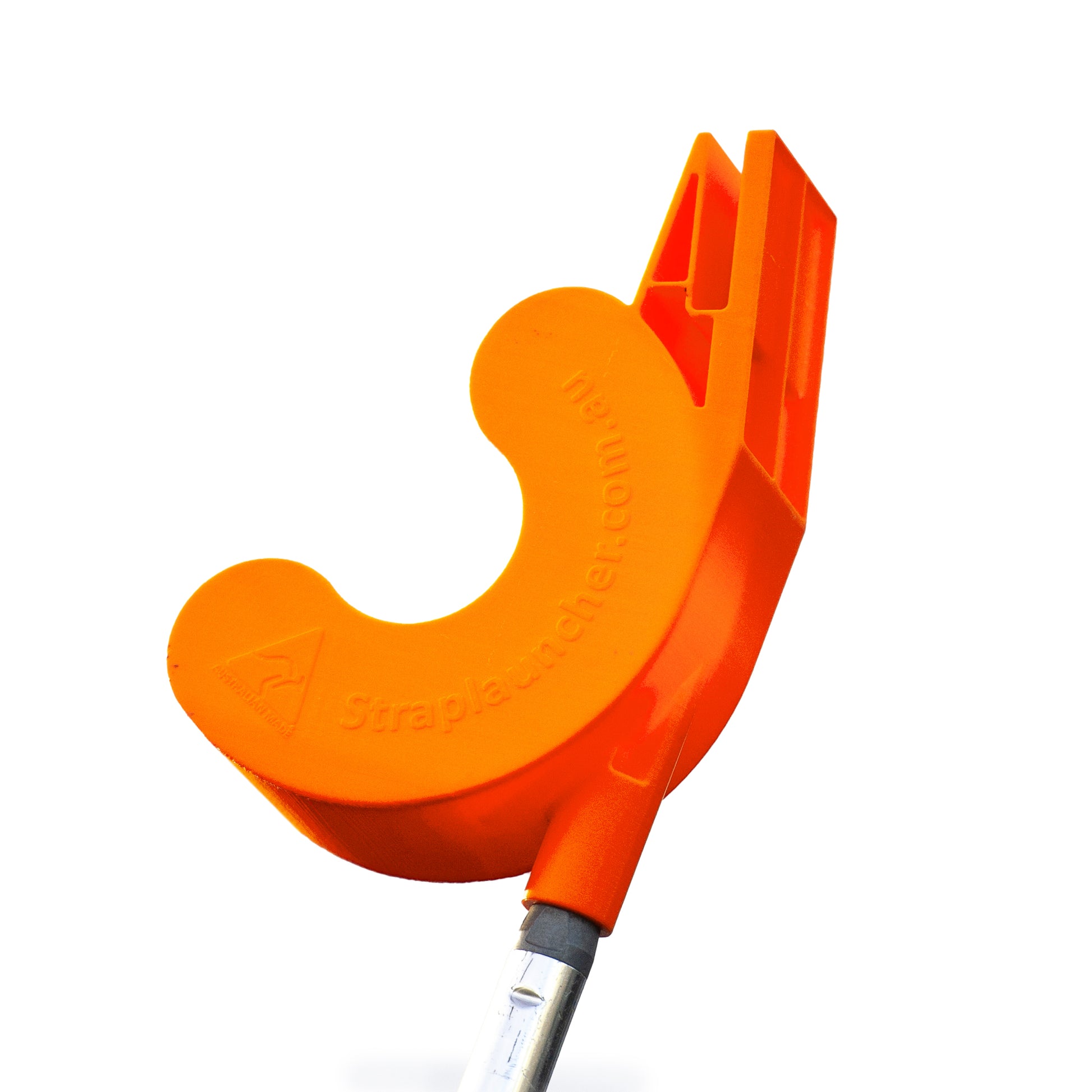 Orange strap launcher tool with 'Straplauncher.com.au' branding on a white background, screwed onto a pole.