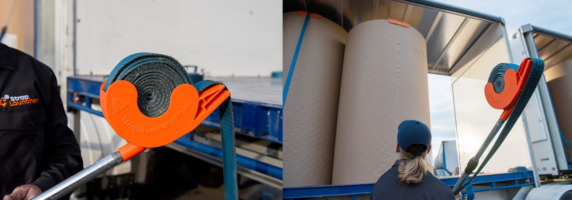 Two images of an orange Strap Launcher tool on a pole and loaded with a tie-down strap, ready to be used to secure a load on a truck.