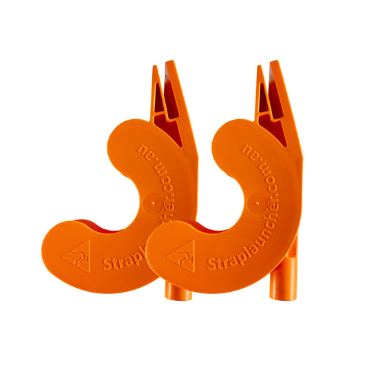Two orange strap launchers with 'Straplauncher.com.au' branding on a white background