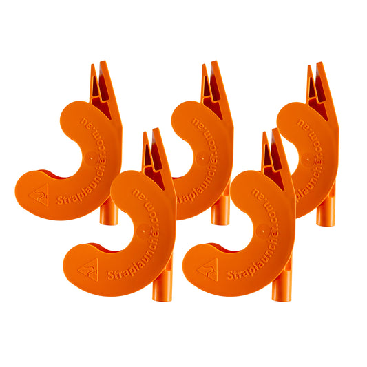 Side view of 5 orange strap launcher tools with 'Straplauncher.com.au' branding on a white background